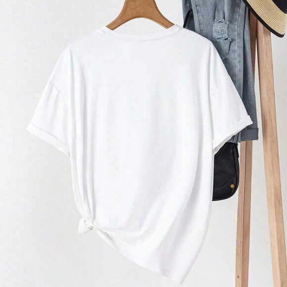 White Casual Women's Round Neck Short Sleeve T-Shirt - Picture 2 of 4